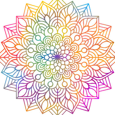 A colorful mandala with many petals and leaves.