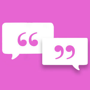 Two white speech bubbles with pink text on a purple background.